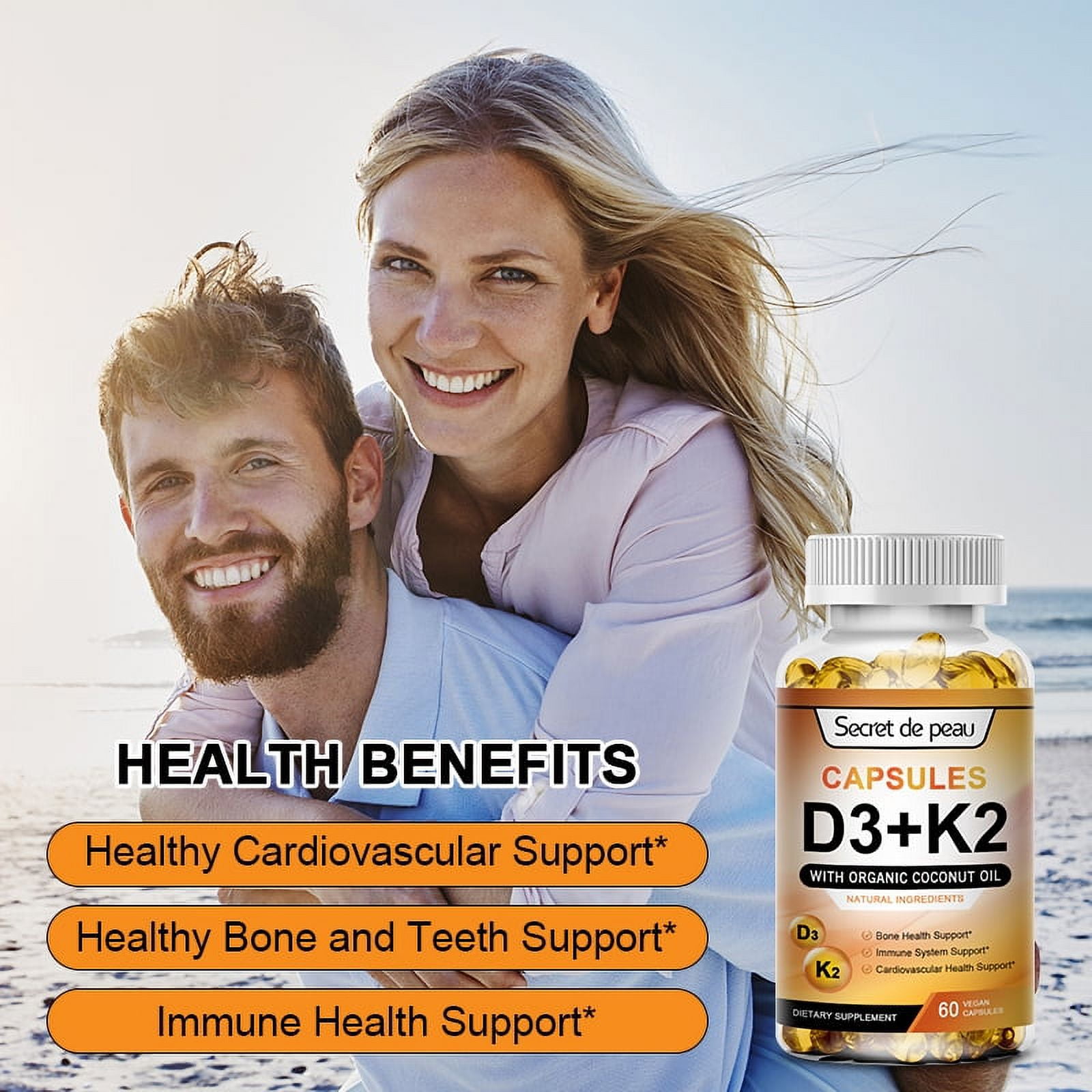 Vitamin D3 K2 5000 IU Supplement, Promotes Calcium Absorption, Daily Supplement for Immune System & Bones Health, Gluten-Free, 240 Capsules