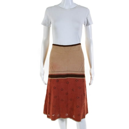 

Pre-owned|Odille Womens Lasercut Color Block Suede Drop Waist Skirt Red Beige Size 12