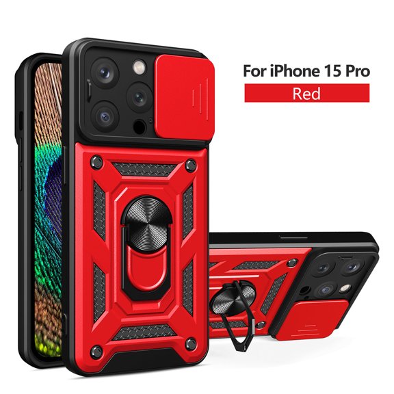 Reiko Kickstand Ring Holder with Slide Camera Cover TPU Magnetic Car Mount for Apple iPhone 15 Pro in Red