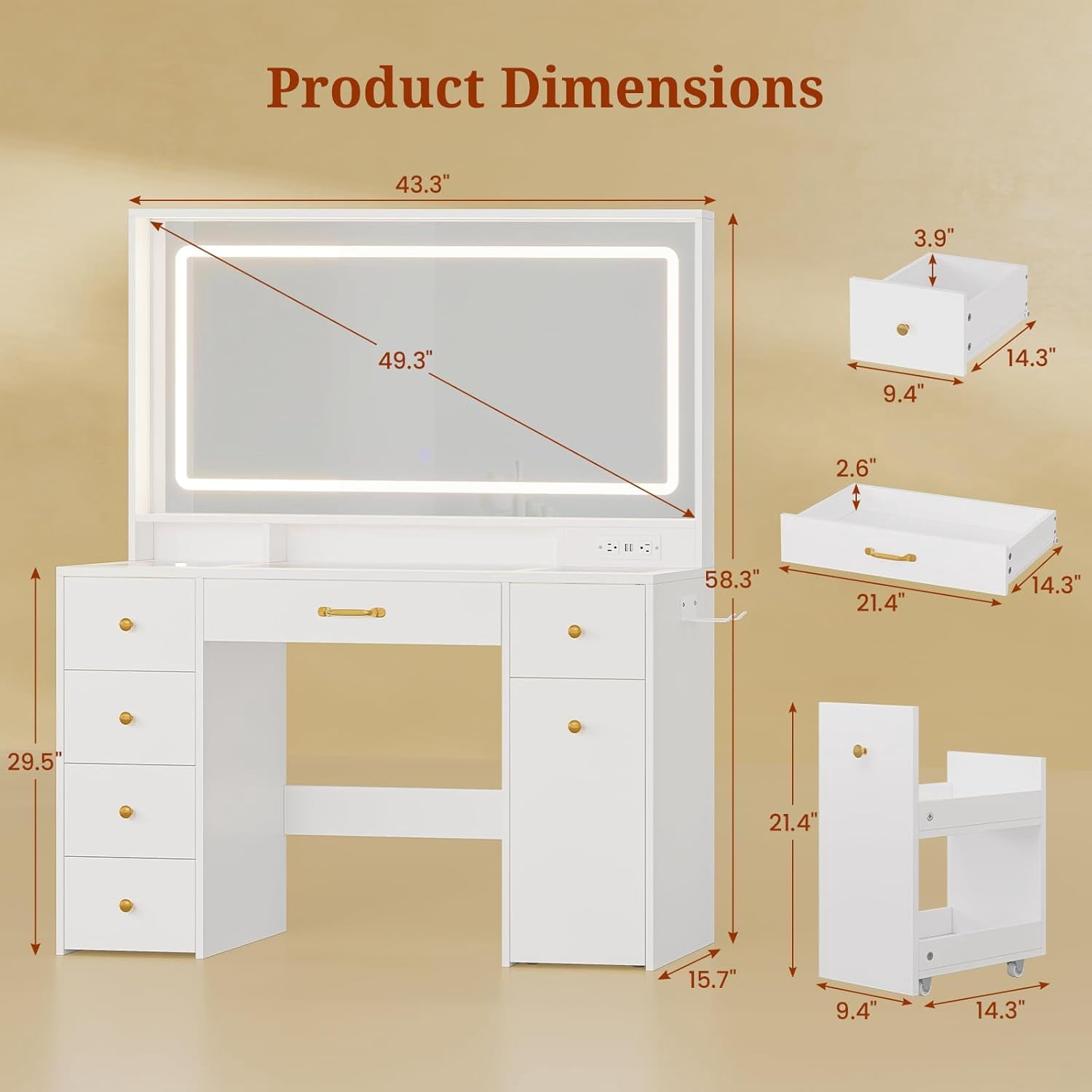 Vanity Desk With Large LED Mirror and Lights, Makeup Table With 6 Drawers and Power Outlet, Rolling Makeup Cart, Modern Storage Dressing Table, White