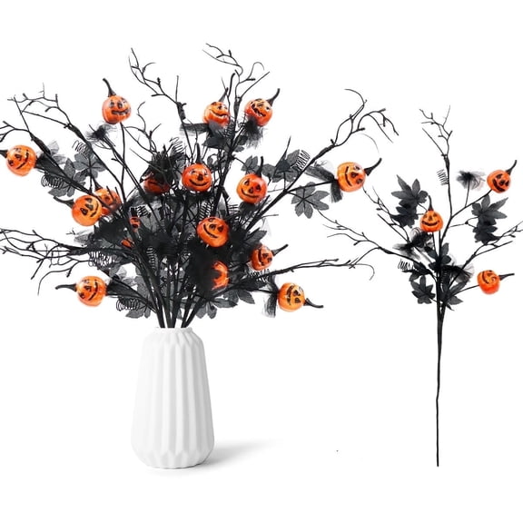 Halloween Artificial Pumpkin Black Maple Leaf Wreath Floral Plastic Stems for Halloween Party Decor Home Table Centerpiece 5Pcs 18.5inch