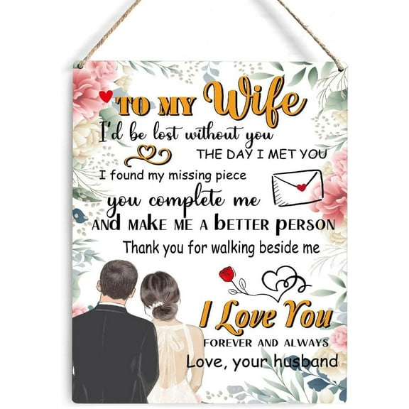 Farmhouse Wife Wooden Sign Wall Decor Rustic to My Wife Thank You for Walking Beside Me I Love You Wood Romantic Plaque Hanging Sign Decoration for Home Bedroom Door 5x10 Inch