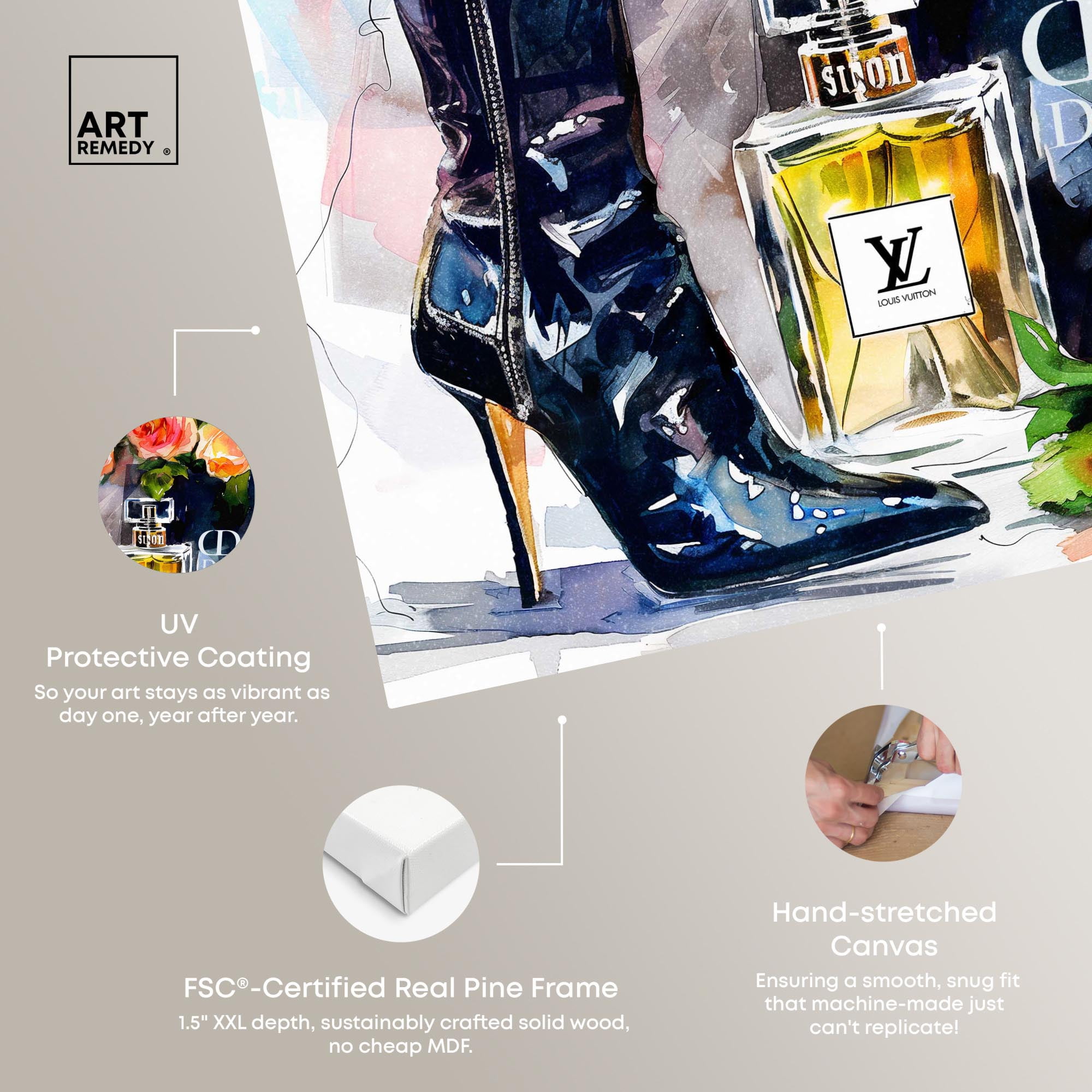 Boot with Perfume and Shopping Bag Canvas Fashion Art Prints by Art Remedy, Gallery Wrapped, 16" x 16"