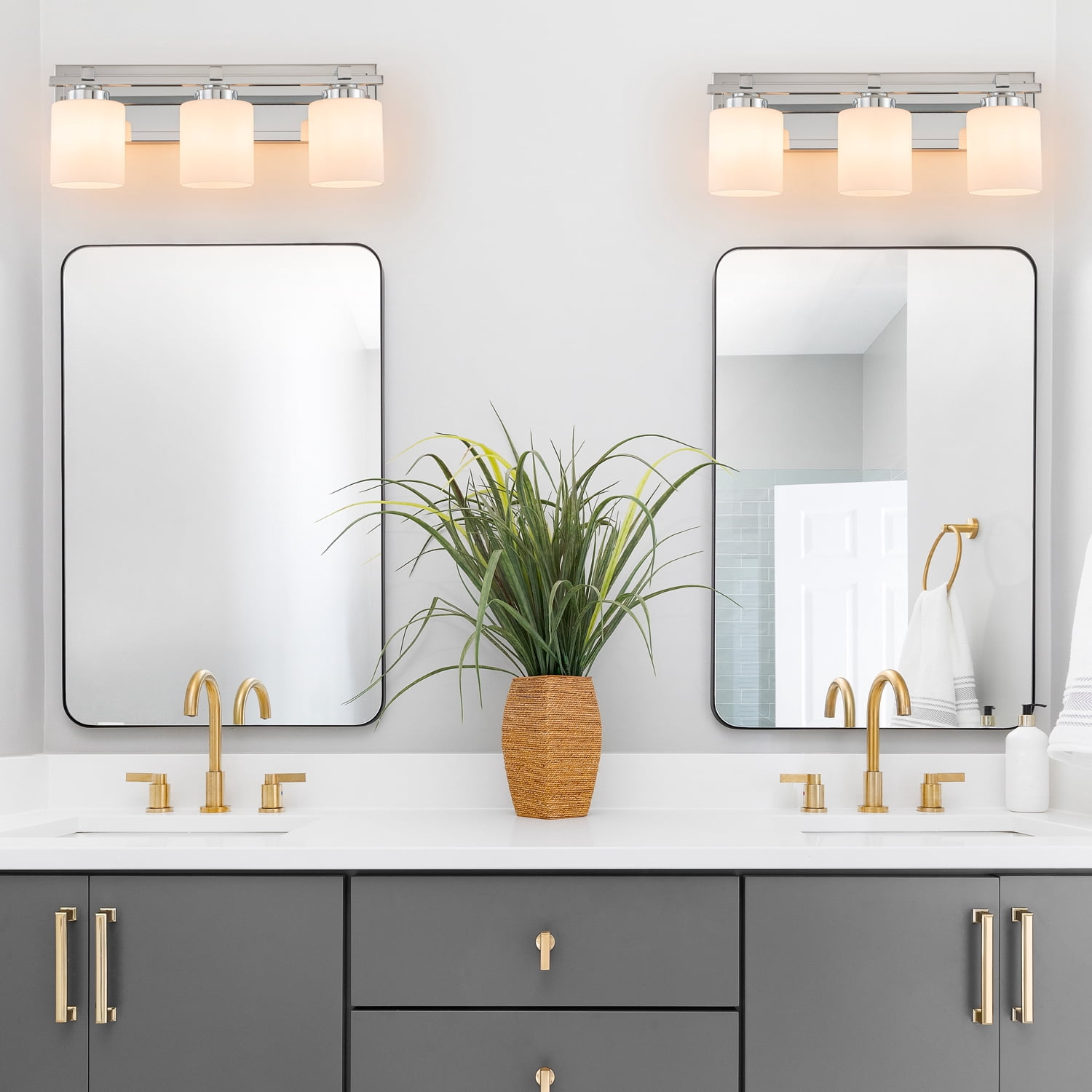 SineRise 3-Light Chrome Modern Bathroom Vanity Light with Milky White Glass Shades