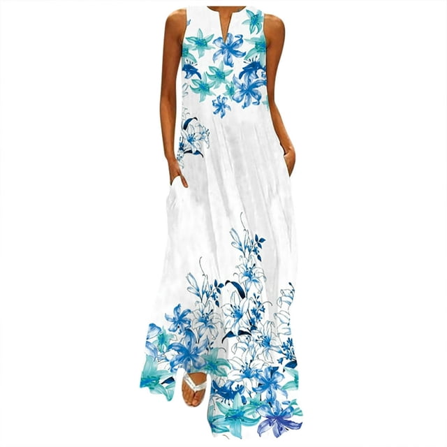 PENGXIANG Jupe Noire Robe Imprimée Sans Manches Col en V Ourlet Fendu Kaftan Ample Longue Robe