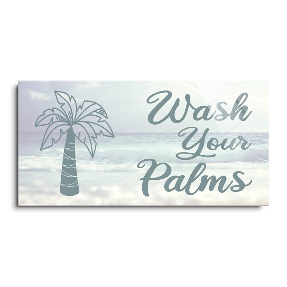 Wash Your Palms Sea Green Teal Palm Tree 24 x 12 Glass Wall Hanging Sign