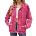 thumbnail image 2 of EGNMCR Pink Women's Oversized Denim Jacket Casual Long Sleeve Denim Shirts Distresse Button Down Stretch Jean Jacket Fall Outfits Fall Winter, 2 of 4