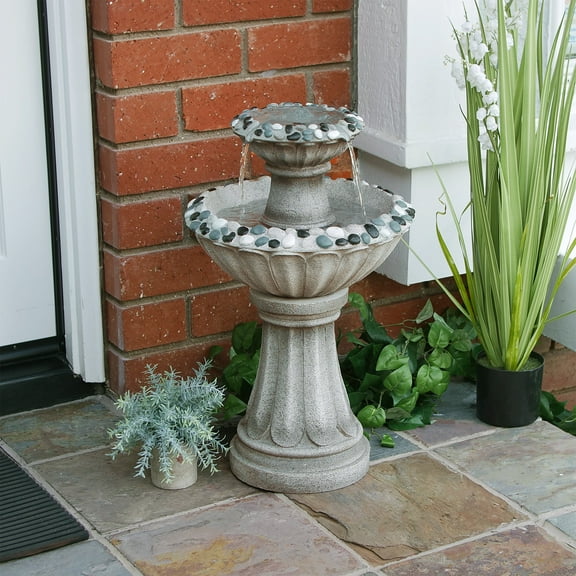 Alpine Corporation Grey Two Tier Pedestal Fountain, 24 Inch Tall