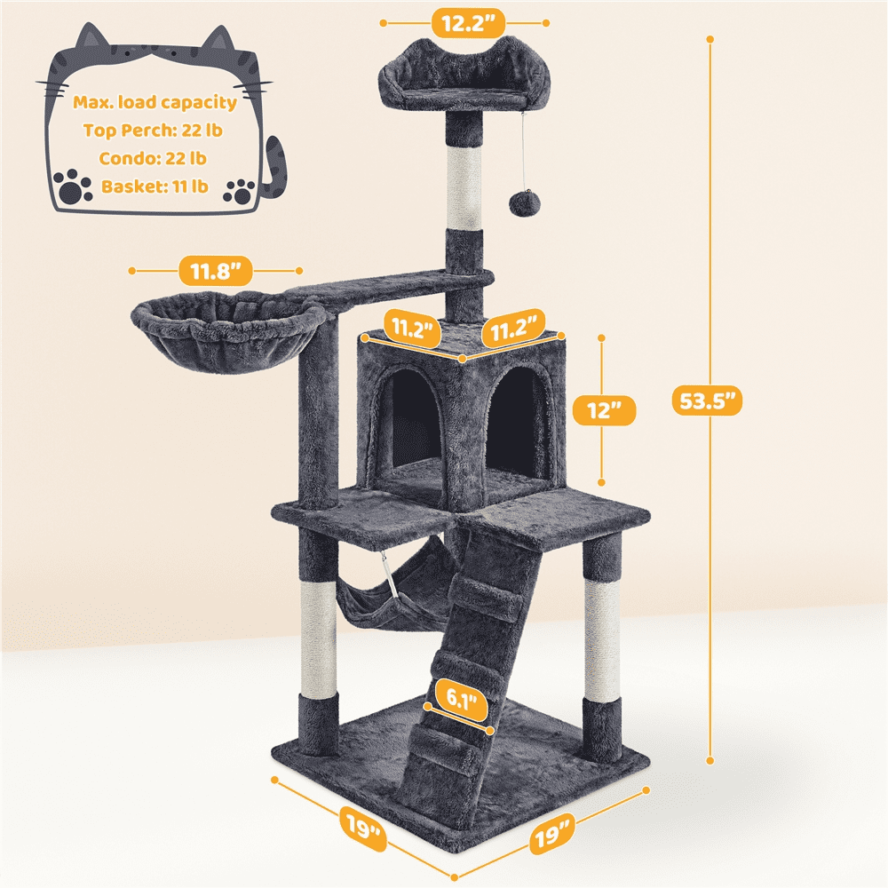 Alden Design 54" Cat Tree with Hammock, Basket and Scratching Post Tower, Dark Gray