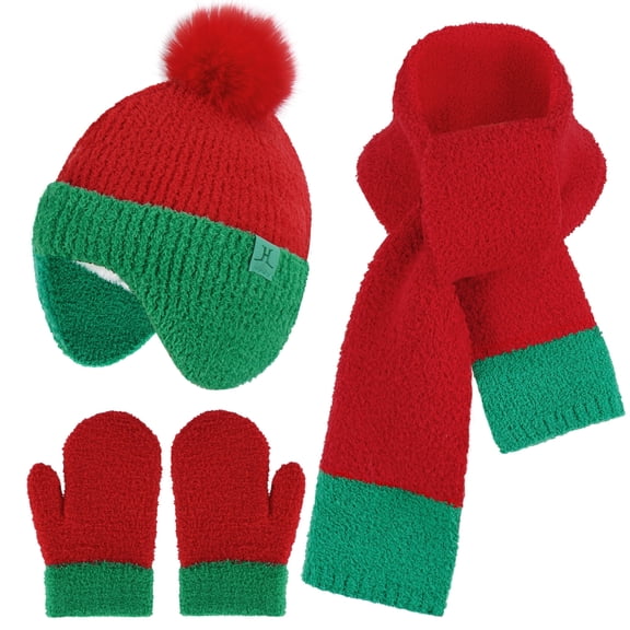 FZ FANTASTIC ZONE Toddler Kids Winter Hats Mittens Gloves Scarf with Warm Ear Flaps Pom Pom Baby Beanie for 0-6 12 Months 1 2 3 4 Year Old Girls Boys Gifts