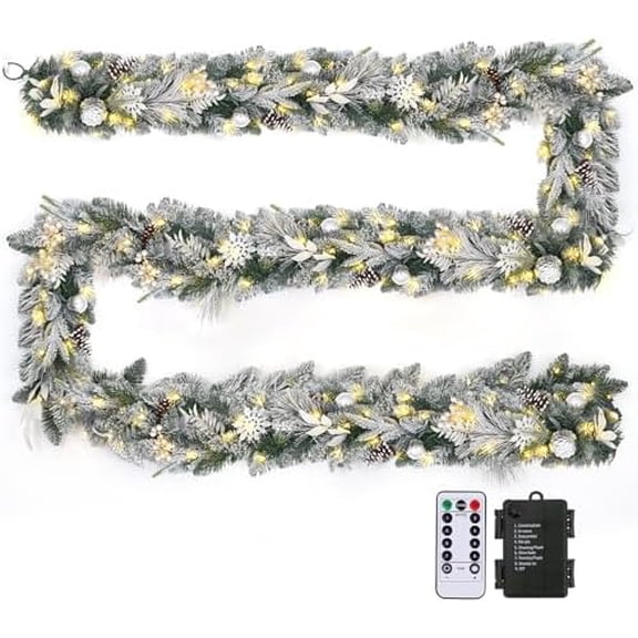 Pre-lit Christmas Garland with Lights9Ft 80LED Lighted Flocked Garland with 8 Lighting Modes & Timer Remote Waterproof Outdoor Christmas Lights for Front Door Stairs Centerpiece Decorations