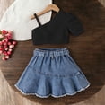thumbnail image 4 of Kids Girls Sets Crew Neck Short Sleeves T-Shirt Tops And Pleated Elastic Waist Denim Skirt Outfits Bow Decoration Loose Casual Daily Clothes Summer Age 2-7 Years Black 4-5Years, 4 of 7