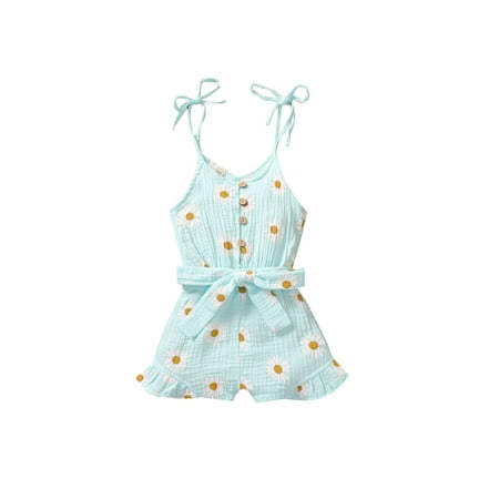 

Diconna Toddler Girl Spaghetti Straps Sleeveless Buttons Daisy Flower Playsuits Outfits