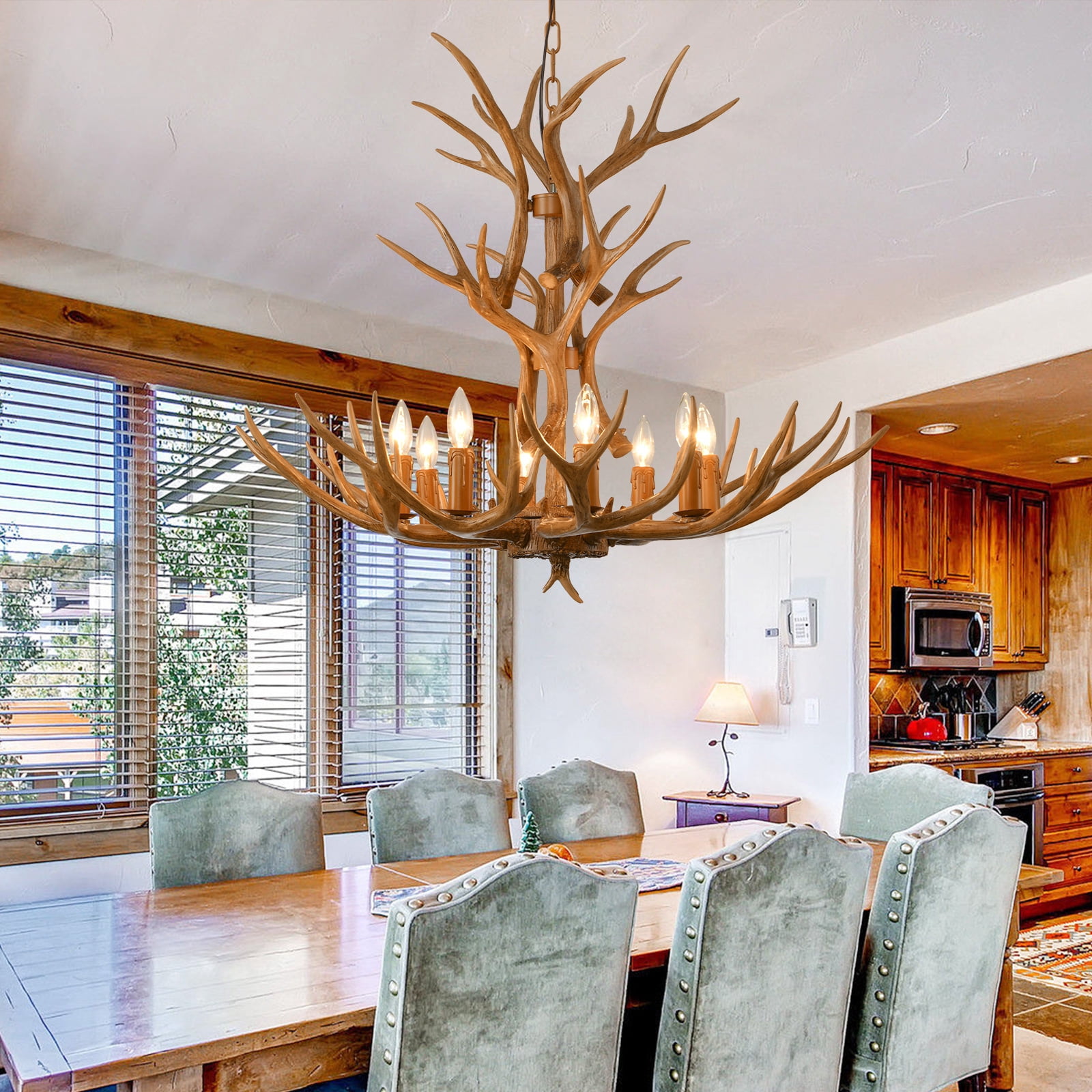 Deer Antler Chandelier 8 Light, Antler Pendant Light Fixturs, Vintage Farmhouse Deer Horn Chandelier Lighting for Living Room Dining Bedroom Christmas