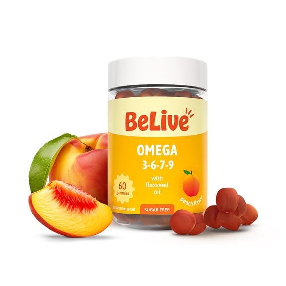 BeLive Omega 3 Gummies with Omegas 6, 7, & 9. Sugar-Free, Supports Brain, Heart, Eye & Immune System, For Adults & Kids, Peach Flavored