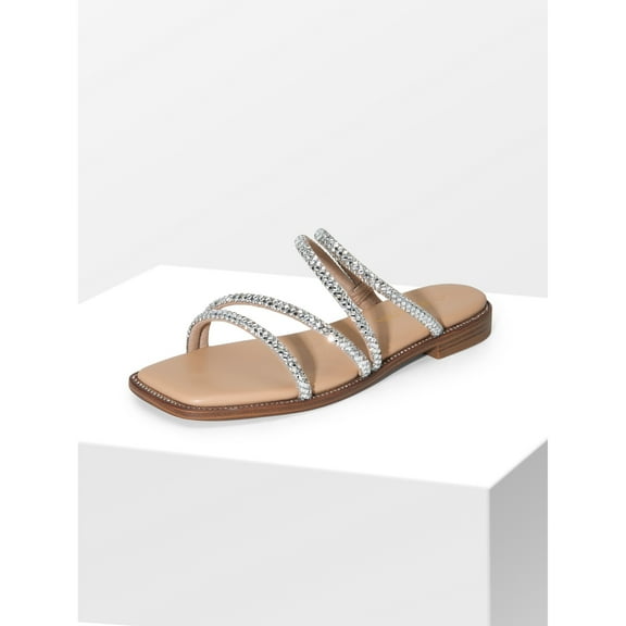 DREAM PAIRS Women’s Slide Sandals – Rhinestone Strap Summer Flats with Studded Details
