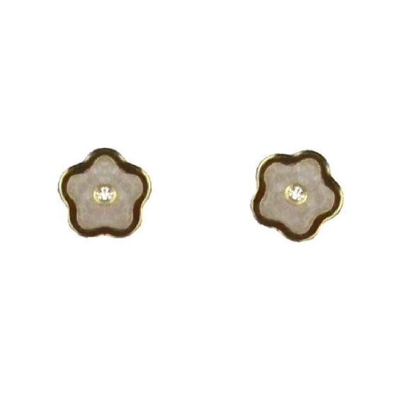 18K Solid Yellow Gold Mother of Pearl Flower with Diamond Center Covered Screwback Earrings