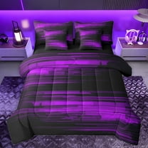Homewish Geometric Line Pattern 7-Piece Twin Bedding Sets,Pixel Stripes Pattern Bedding Comforter Set,Black Purple Sheet Sets For Teens,Luxury Bedroom Decor Reversible