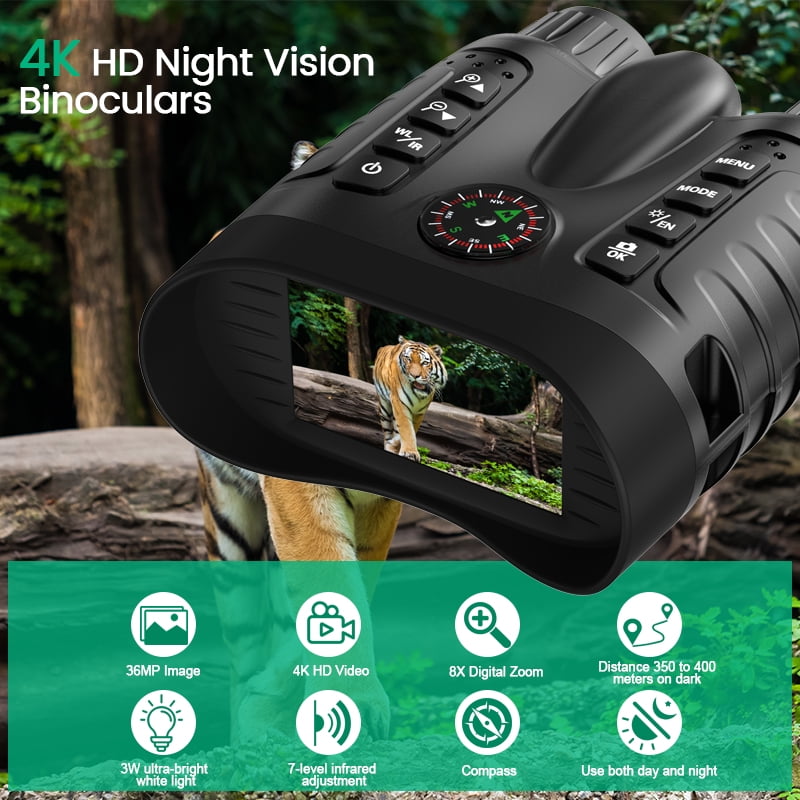 Ruaiok Night Vision Goggles with Compass, 4K Night Vision Binoculars 8X Digital Zoom & 4500mAh Battery, 64GB Card Included, 1300ft Range, Perfect for Outdoor, Camping, Hunting