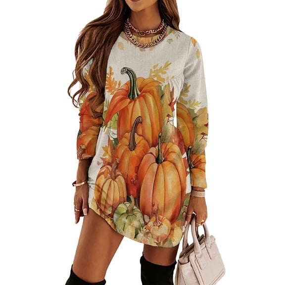 Fall Thanksgiving Maple Leaf Pumpkin Watercolor Loose Dress Evening Dress Summer Dresses for Women Luxury Dress Long Sleeved Dress