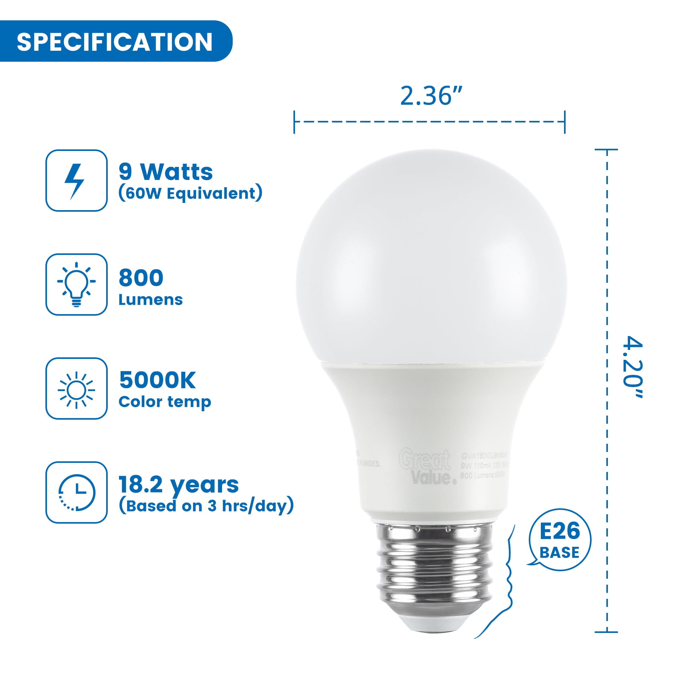 Great Value A19 LED 9W (60W Equivalent) Daylight E26 Medium Base General Purpose Light Bulbs, Dimmable, 24 Pack
