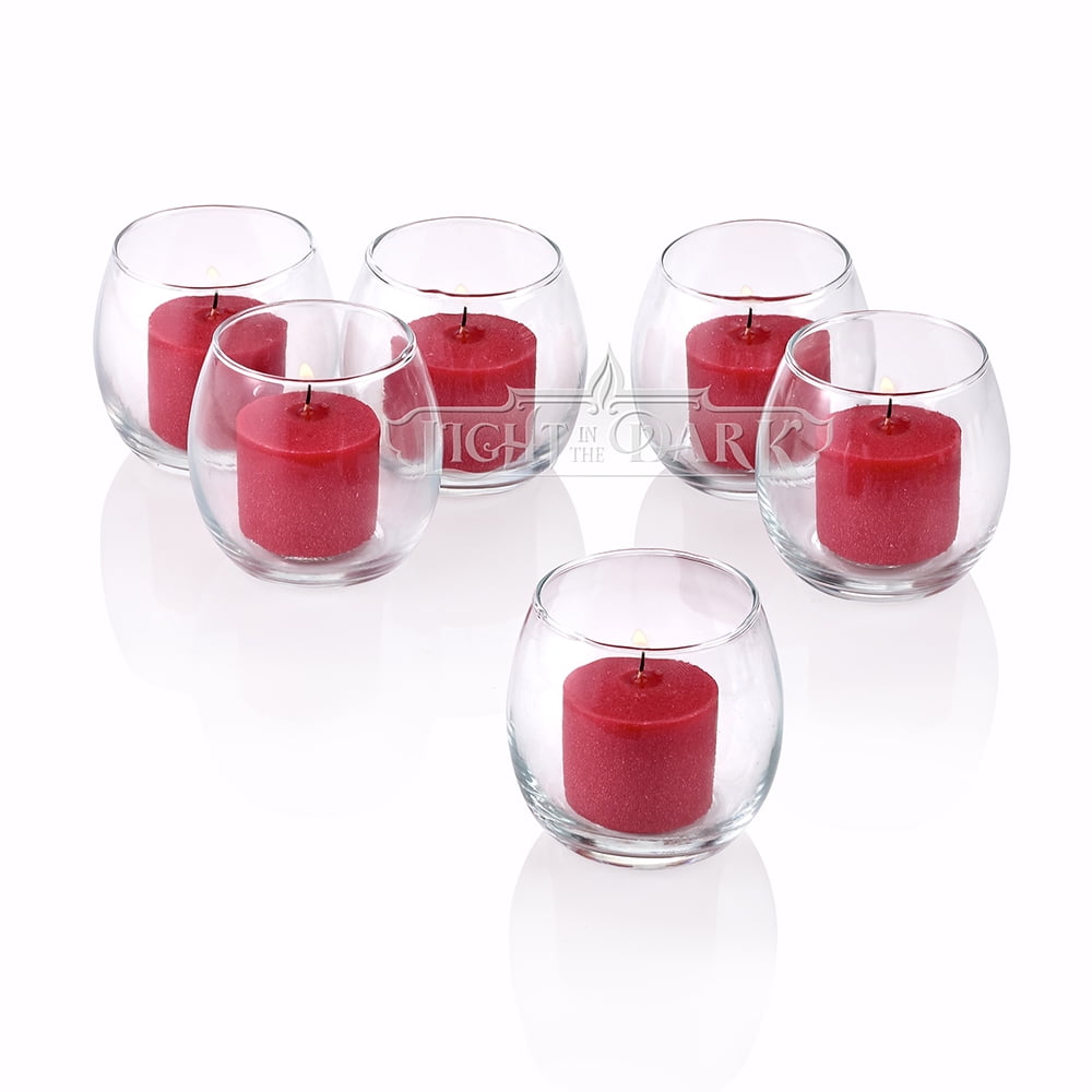Clear Glass Hurricane Votive Candle Holders With Red votive candles