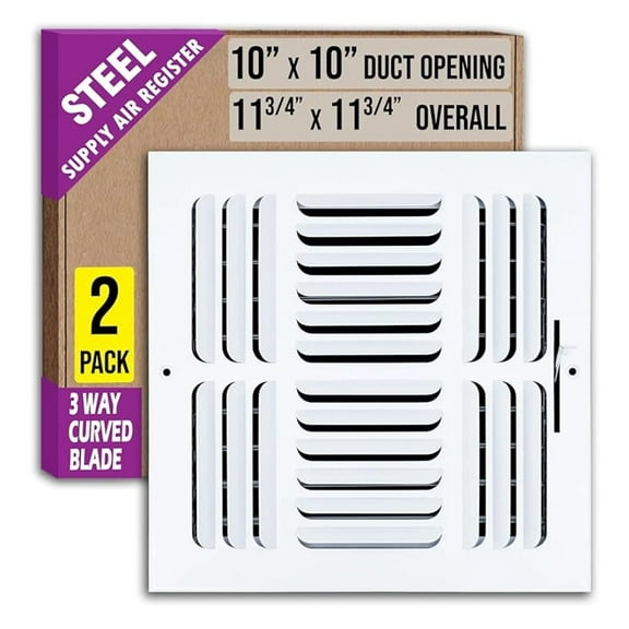 [2 Pack] Fits 10x10 Duct Opening 3 Way Fixed Curved Blade Air Supply Diffuser by | Register Vent Cover Grill for Sidewall and Ceiling | White | Outer Dimensions: 11.75" X 11.75"