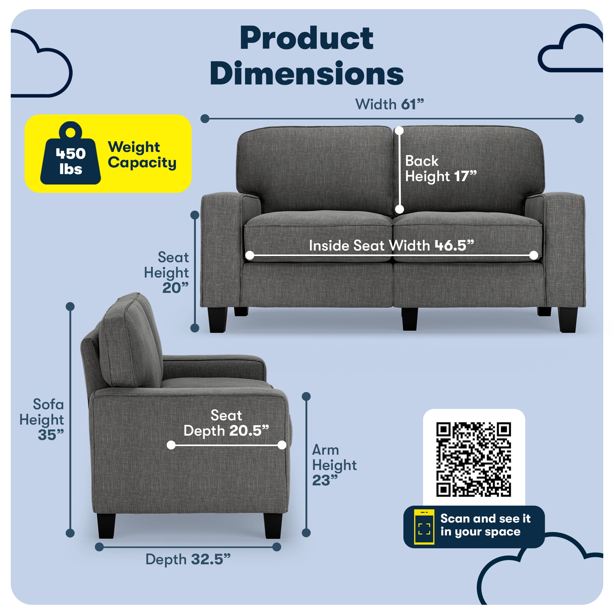 Serta Palisades 61" Track Arm Sofa, Easy Care Polyester, Loveseat or Couch for Small Spaces, Gray