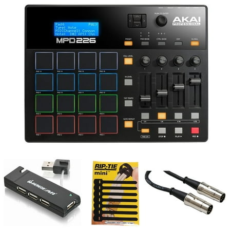 Akai Ram Upgrade - Akai MPD226 MIDI USB Pad Drum Beat Controller + 4 Port USB Hub + Cable & Ties