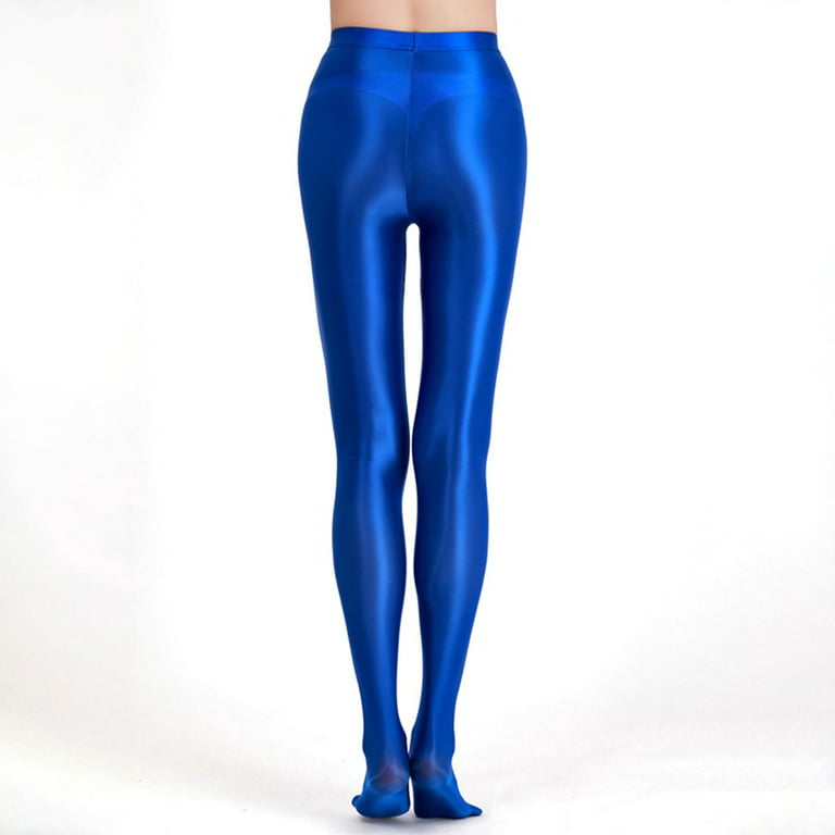 YIWEI Satin Oily Glossy Leggings Glitter Stockings Shiny Tights Wome High  Waist Yoga Blue XL 