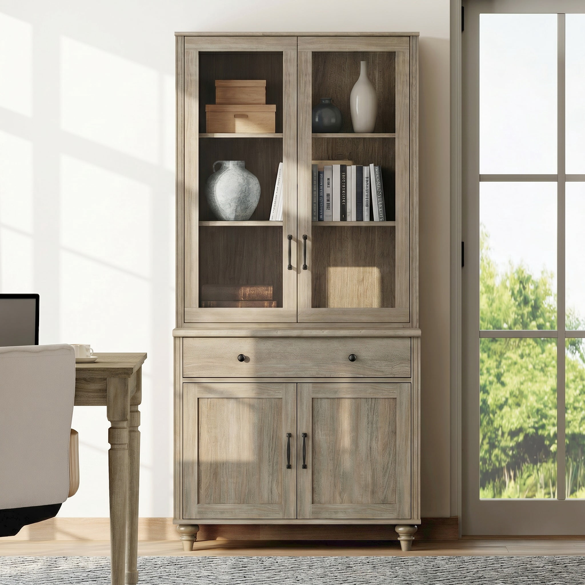 72"H × 34"W 5-Tier Farmhouse Wooden Library Bookcase with Glass Doors & Spacious Storage Cabinet, Freestanding Bookshelf for Living Room, Office & Kitchen, Wash Gray