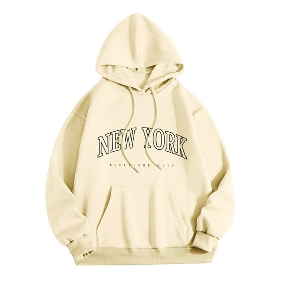 Luwomo Casual Hoodies Womens Long Sleeve Letter Graphic Hooded Drawstring Sweatshirt Loose Fit Pullover Blouses Beige,L