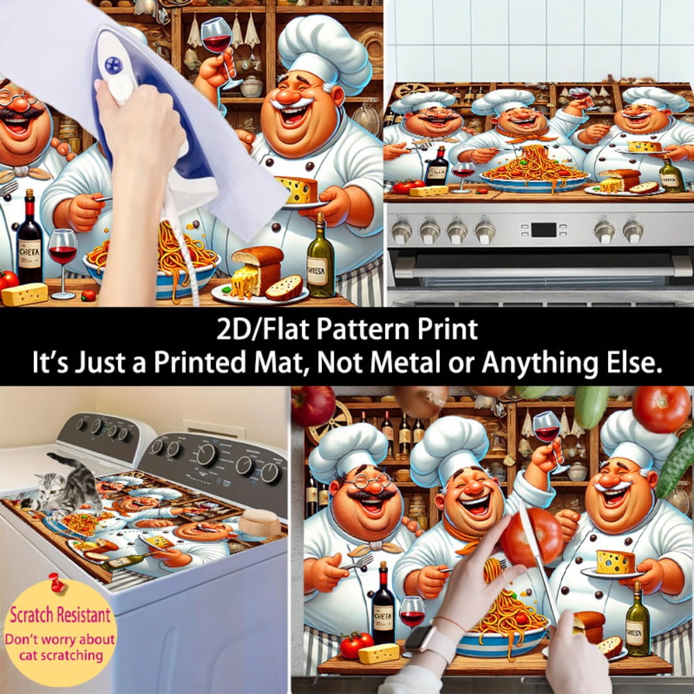 1 2D/flat stove cover protection pad, cartoon-style happy fat chef food feast pattern design, 28.3x20.5 inches (72×52cm), easy to clean, perfectly suitable for any kitchen, washing machine, dryer, st
