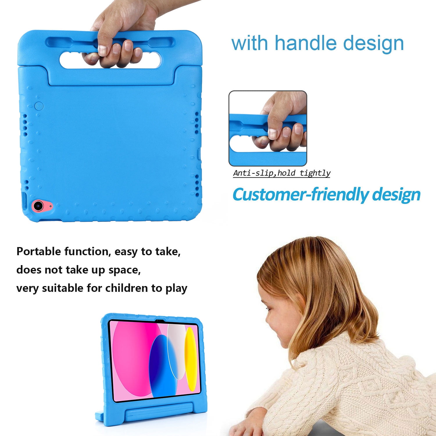 Tarise Kids Case for Apple iPad 10th Generation 10.9 inch 2022 with Pencil Holder/Foldable Convertible Handle/Kickstand Slim Lightweight Kid-Proof Soft EVA Foam Shockproof Rugged Stand Cover, Blue