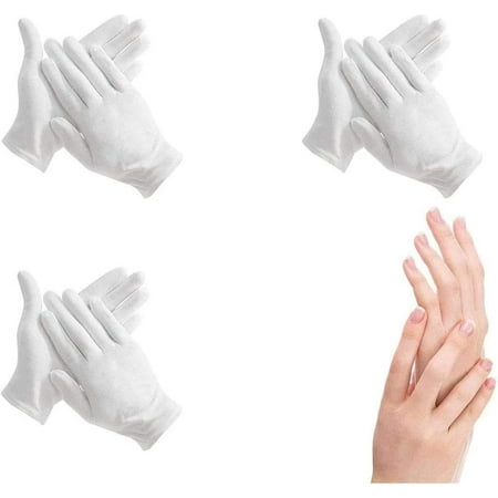 3 Pairs Cotton Moisturizing Gloves Over Night Bedtime White Cotton Cosmetic Inspection Premium Cloth Quality Dry Sensitive Irritated Skin Spa Therapy Secure Wristband One Size
