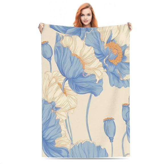 Blue Poppies on Cream Background Lightweight Flannel Printed Blanket - Ultra Soft & Warm, All-Season Cozy Plush for Couch, Bed, Office, Camping Nap - Perfect Decorative Gift