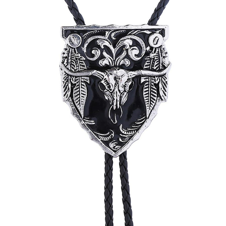 Mens Silver Longhorn Head Necklace on Black Leather Cord