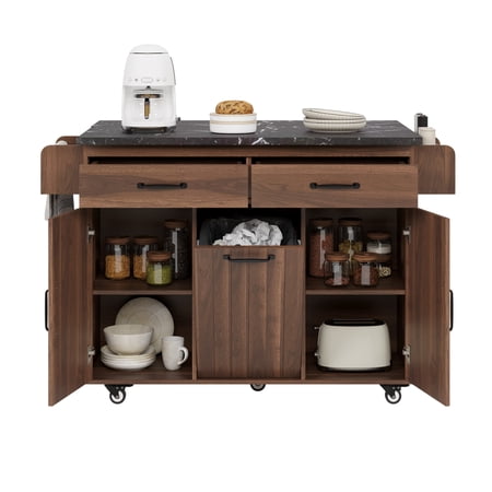 YIYADO Walnut Brown Rolling Kitchen Island with Tilt-out Trash Cabinet, Drop Leaf Countertop, Spice & Towel Rack, Mobile Kitchen Cart with Drawers Adjustable Shelf