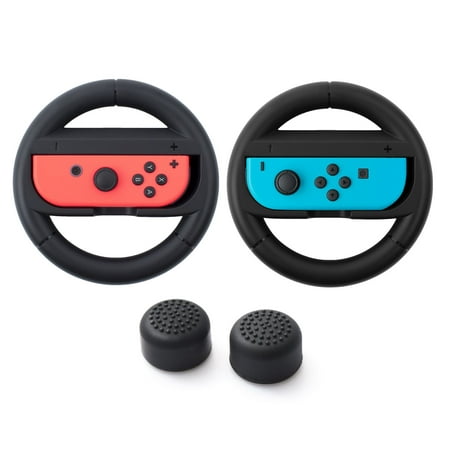 Insten 2-pack Joy-Con Controller Steering Wheel Wear Resistant Handle Grip + Analog Thumbstick Cap for Nintendo