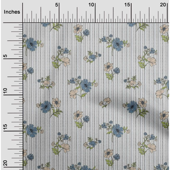 oneOone Polyester Lycra Dusty Blue Fabric Stripe|Leaves & Floral Artistic Quilting Supplies Print Sewing Fabric By The Yard 56 Inch Wide