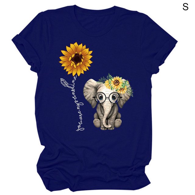 Camiseta De Mujer Blusa De Cuello Redondo De Manga Corta Con Estampado De Girasol, Azul Marino, S Methold AP001988-17