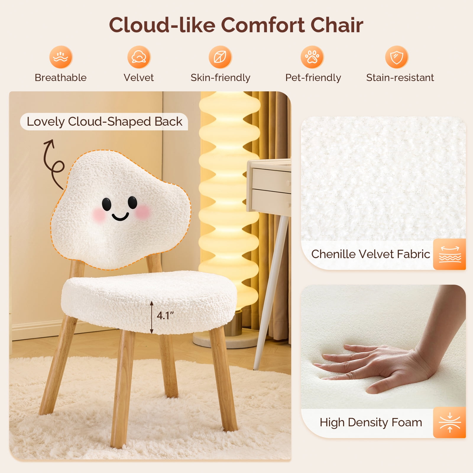 Ktaxon Blended Chenille Armless Vanity Chair Cloud Backrest Desk Chair, Rubber Wood Makeup Chair for Bedroom Living Room Office Reading Room White
