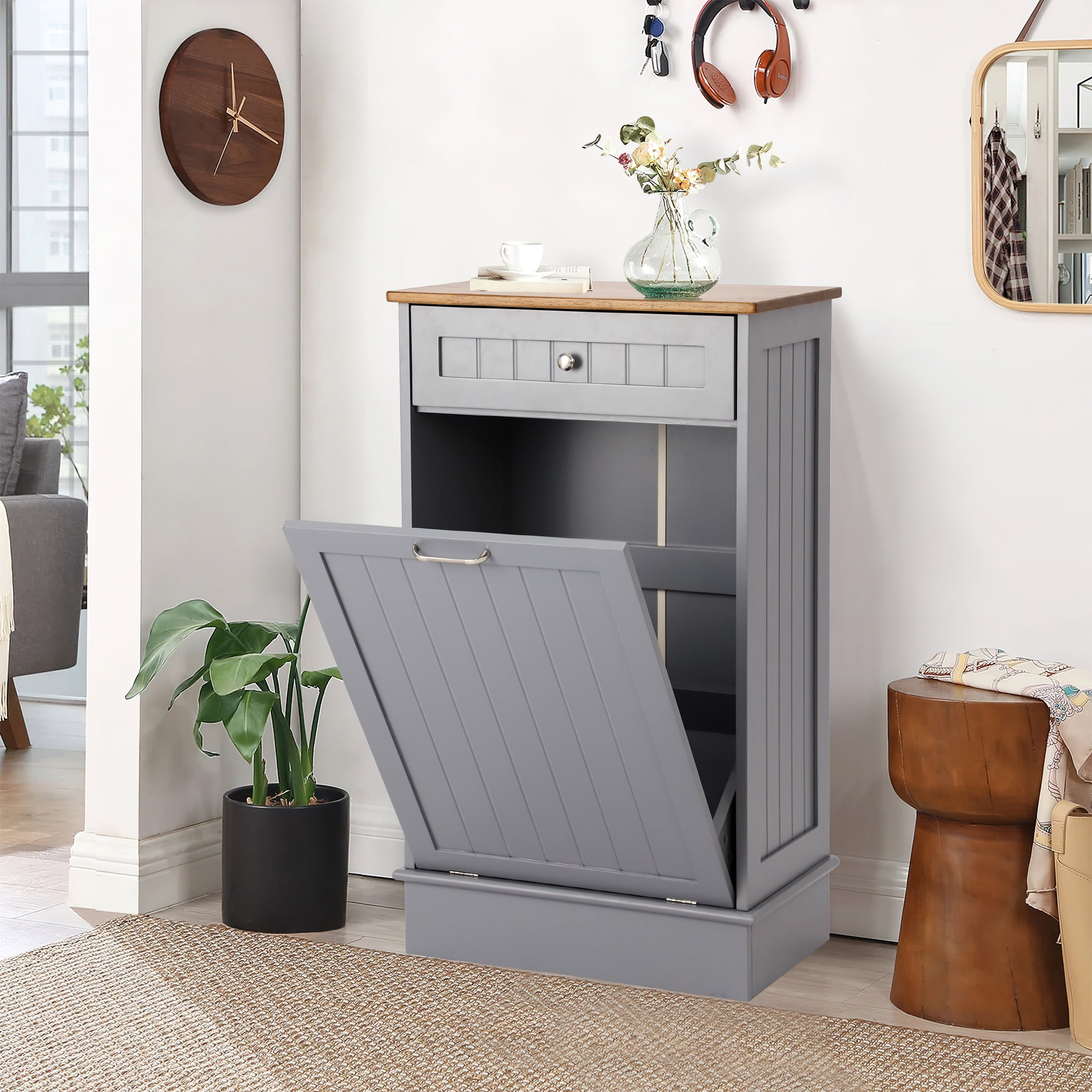 Kigoty Trash Cabinet, 10 Gallon Tilt Out Wood Trash Canbinet Garbage Hamper Pet Proof for Kitchen, ray