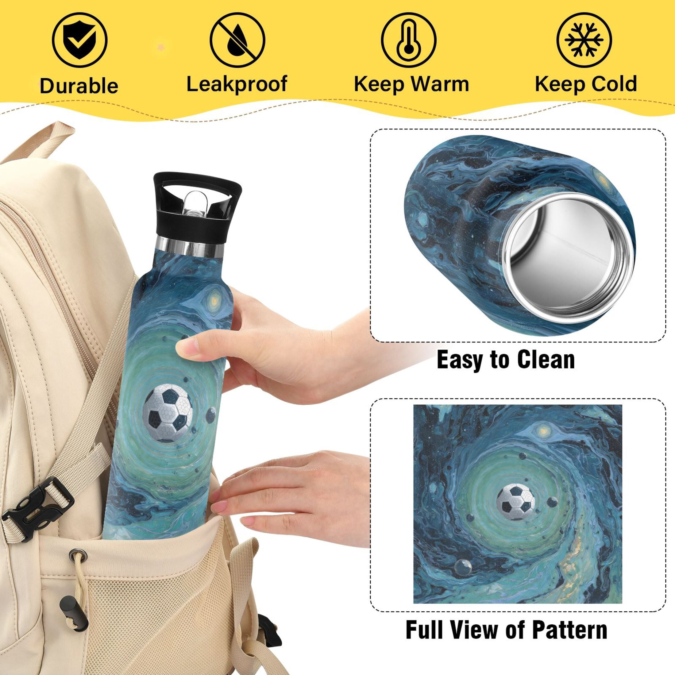 Kids Insulated Stainless Steel Sports Water Bottle 600ml Soccer Ball Floating in Space