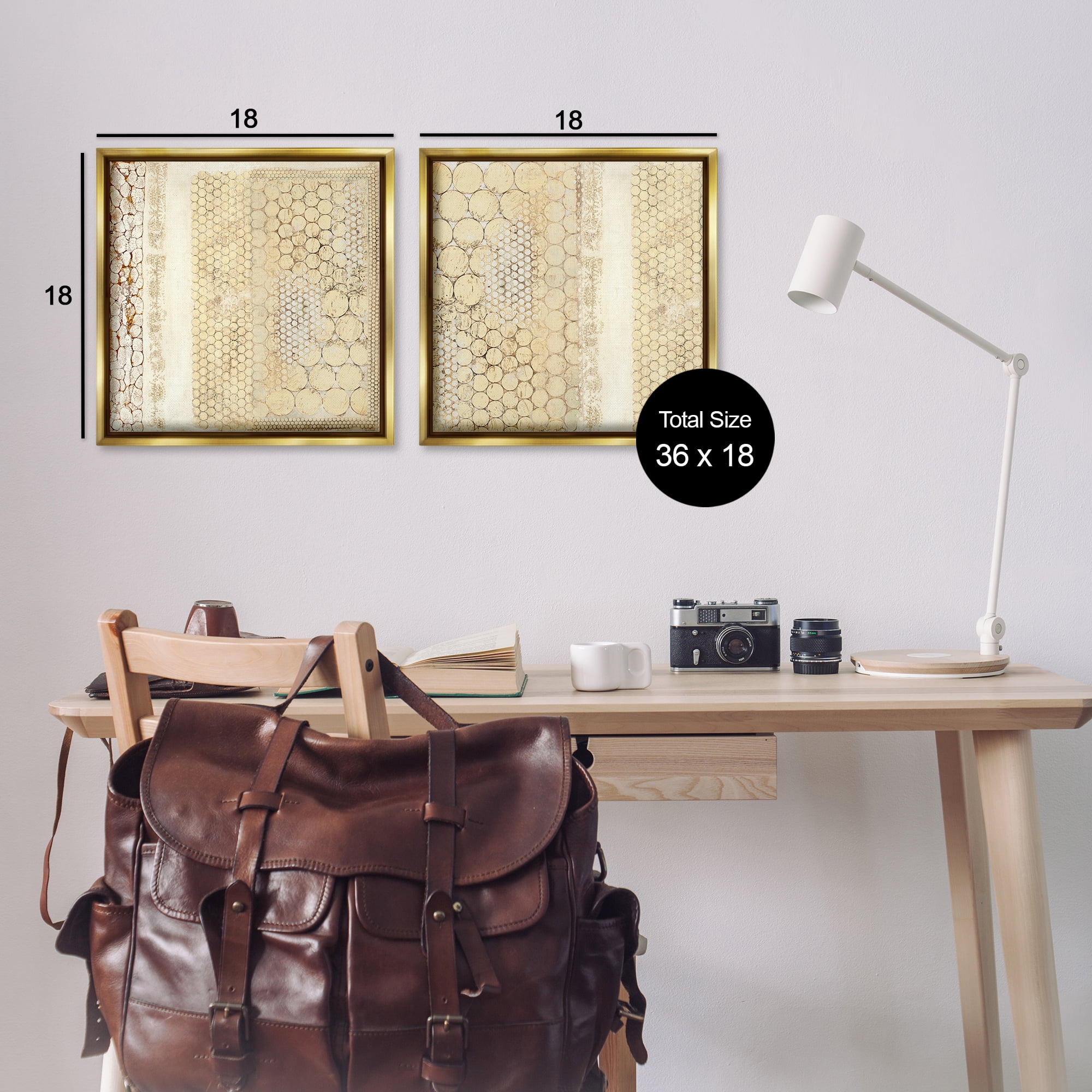 Stupell Industries Distressed Pale Yellow Circles Abstract Painting Gold Floater Framed Canvas Art Print Wall Art, 18 x 18, Set of 2
