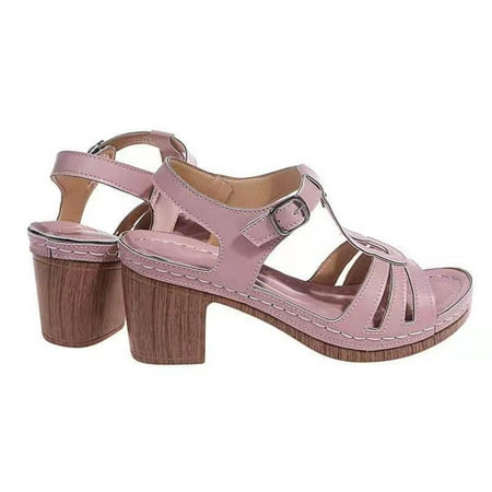 

Liveday Leather Sewing Sandals Open Toe High Heels Comfortable to Wear Light Pink