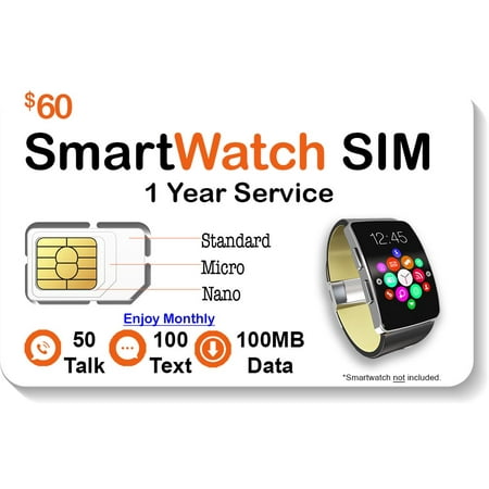 $60 Smart Watch SIM Card - Compatible with 2G 3G 4G LTE GSM Smartwatches and Wearables - 1 Year Service - USA Canada & Mexico