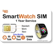 $60 Smart Watch SIM Card - Compatible with 2G 3G 4G LTE GSM Smartwatches and Wearables - 1 Year Service -Nationwide Coverage