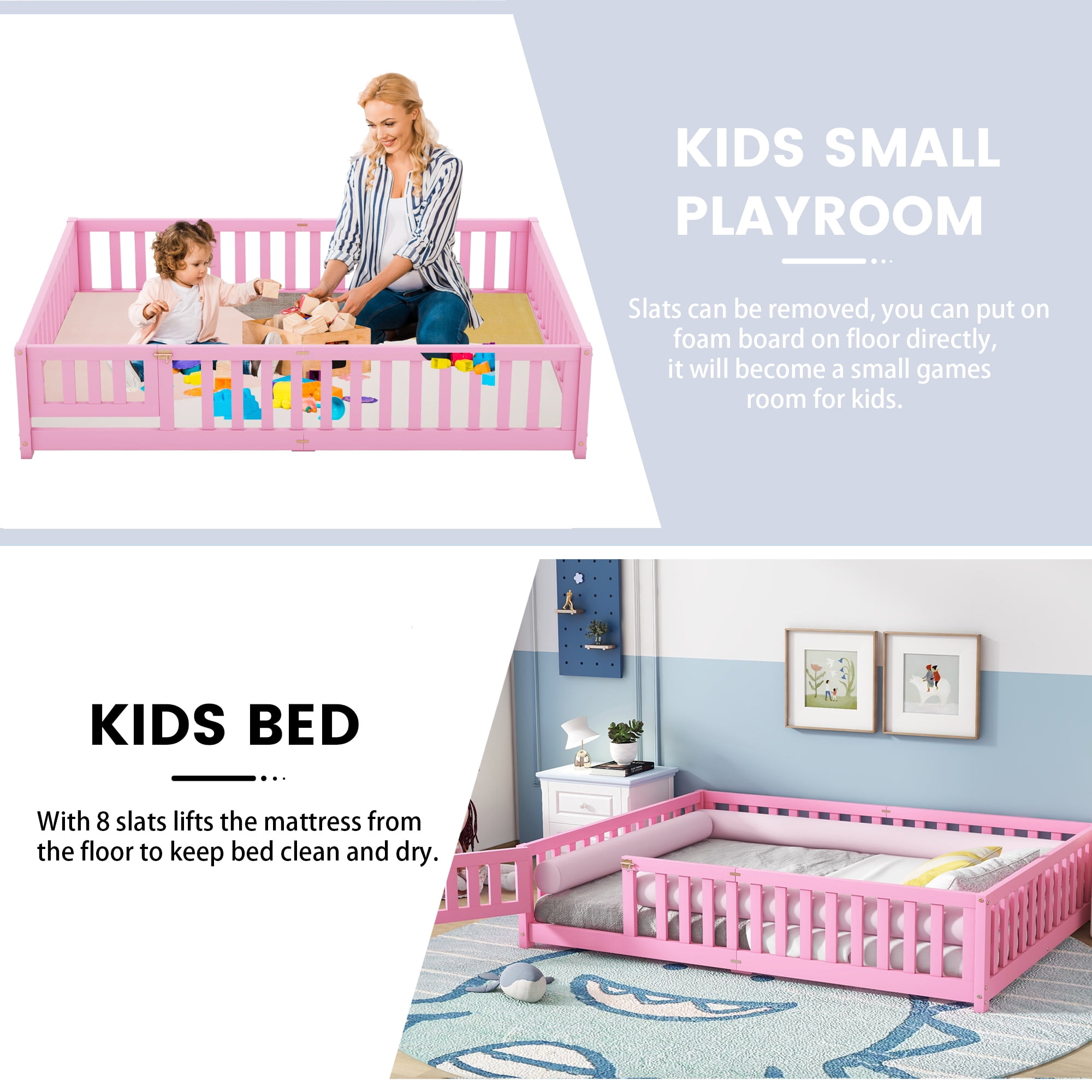 Miniyam Queen Size Toddler Floor Bed with with Safety Guardrails, Pink