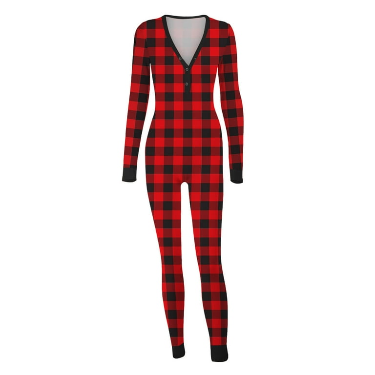 Buffalo Plaid Onesie for Women Long Sleeve Butt Flap Button Union Suit One Piece Bodycon Pajamas Loungewear Walmart